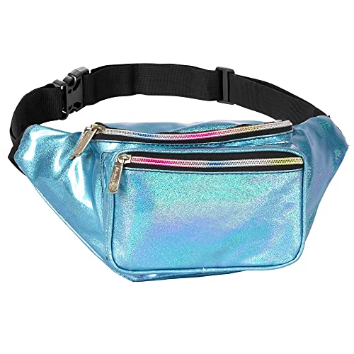 Holographic Fanny Pack Belt bag - Crossbody Waist Bag for Men or Women - Hands-Free, Waterproof Large Bumbag for Hiking, Running, and Travel (Blue Glitter) - color: Glittler Light Blue