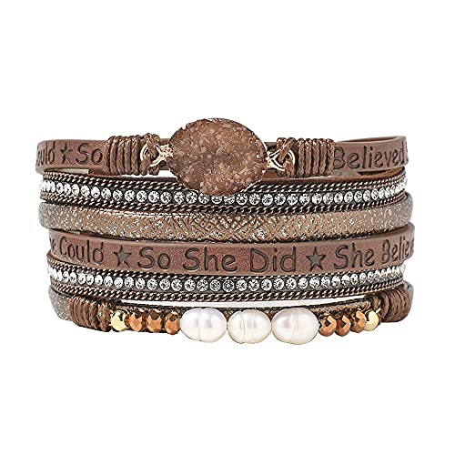Artilady Leather Wrap Bracelets for Women - Pearl Bracelets Handmade Clasp Bangle Bracelet with Beads Jewelry Gift for Women and Mother - style: So She Did, Brown