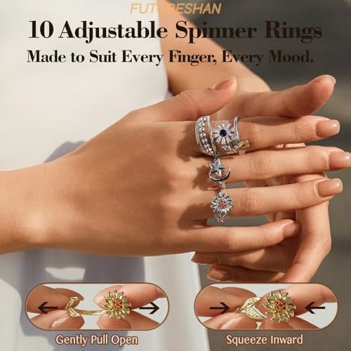 10Pcs Fidget Anxiety Rings for Women Adjustable Spinner Ring Gifts for People With Anxiety Moon Sun Butterfly Galaxy Daisy Flower CZ Stress Relief Calm Rings Jewelry 14K Gold/Silver/Rose Gold Plated - color: Silver Plated