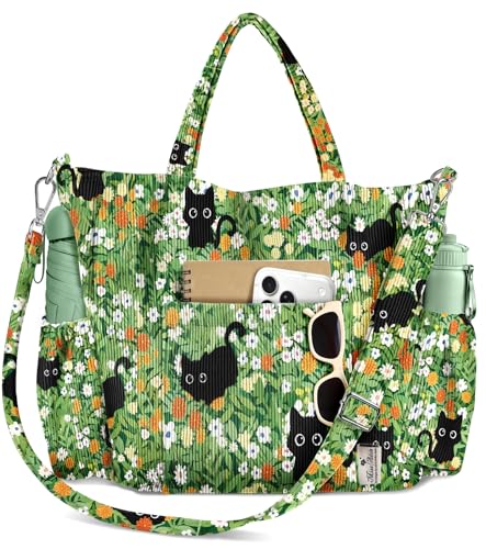 Miss Adola Crossbody Corduroy Tote Bag for Women, Large Tote Bag with Multi-Pockets and Zipper for Travel Work - color: Floral-cats