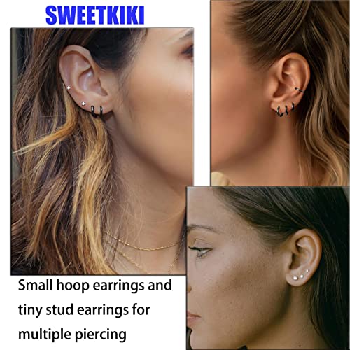 Dainty 6 Pairs Surgical Steel Earrings Sets for Multiple Piercing, Lightweight 14K Gold Plated Small Huggie Hoop Earrings, Flat Back Tiny Ball CZ Stud Earrings for Cartilage, Helix, Lobe, Hypoallergenic - style: Black - Huggie Hoops and CZ Studs
