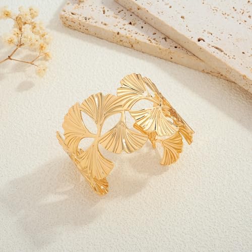 WOWORAMA Chunky Gold Cuff Bracelets for Women Vintage Gold Flower Butterfly Bracelet Trendy Boho Wide Open Cuff Bangles Matte Statement Bracelet - color: Ginkgo Leaf