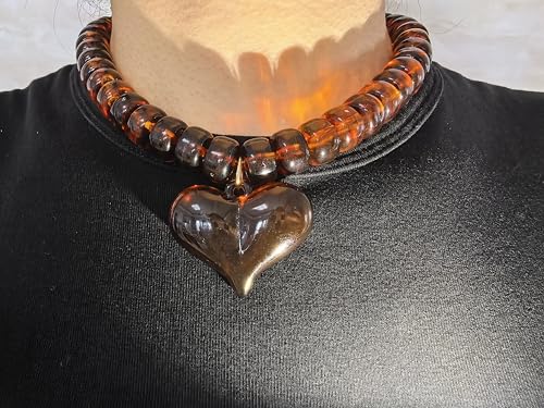 Chunky Colorful Beaded Statement Boho Summer Beach Chokers Necklace Heart Pendant Pink Green Yellow Brown Fashion Jewelry - color: brown4