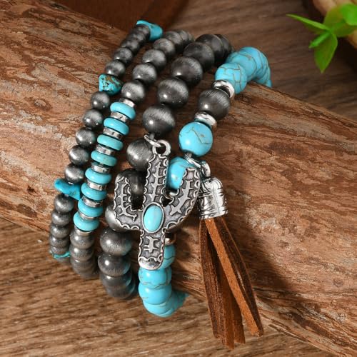 Western Turquoise Beaded Bracelet Stack - Vintage Cowgirl Stretch Set with Bull Skull, Feather & Boot Charms, Handmade Boho Jewelry for Rodeo, Country Concerts & Casual Western Outfits - style: Cactus