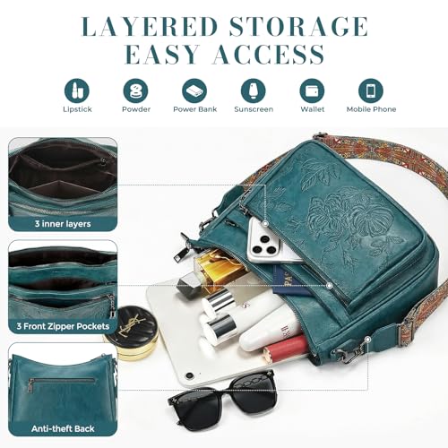 Crossbody Bags for Women, Vegan Leather Medium Crossbody Purse, Spacious Daily Travel Shoulder Bag with Boho Strap - color: Peacock Blue