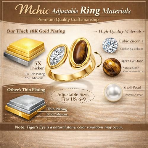 Mchic Adjustable Chunky Rings for Women: Dainty Natural Gemstone Ring Stainless Steel 18K Gold/Silver Plated Band Rings Non Tarnish Waterproof Statement Fashion Jewelry Gift for Women - color: Gold+Tiger Eye Stone+Cubic Zirconia