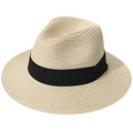 Lanzom Women Wide Brim Straw Panama Roll up Hat Fedora Beach Sun Hat UPF50+ - color: 01-fold Belt Khaki, size: Large-X-Large