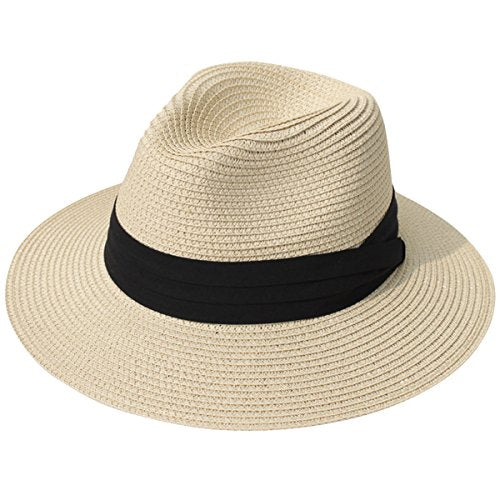Lanzom Women Wide Brim Straw Panama Roll up Hat Fedora Beach Sun Hat UPF50+ - color: 01-fold Belt Khaki, size: One Size-Small