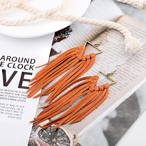Fringe Leather Earrrings Triangle Deerskin Leather Boho Western Statement Dangel Earrings for Women - color: Brown