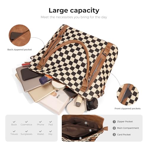 Women's PU Leather Checkered Shoulder Bag with Wallet Set, Large Capacity Tote Crossbody Bag for Daily Use Travel Work
