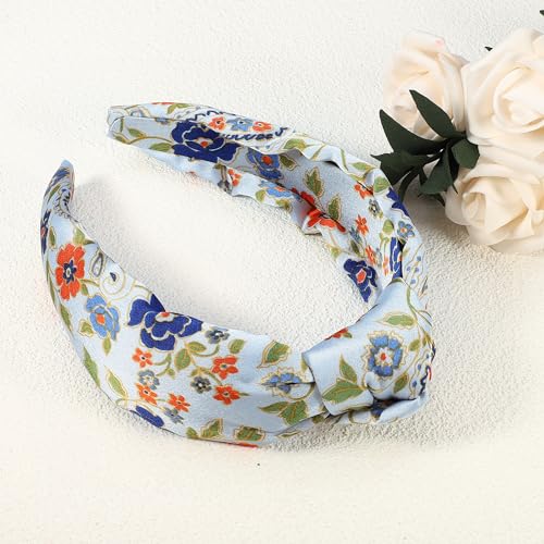 VOCOSTE Floral Pattern Knotted Headband, Classic Casual Style Headband for Women Girl, Blue 5.20"x2.36" - color: Blue