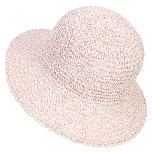 Womens Sun Hat Handmade Crochet Straw Bucket for Summer Foldable Travel Cap - color: Beige & Pink