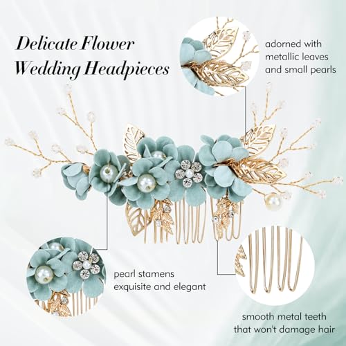 inSowni 20 Pieces Rhinestone Pearl Bridal Wedding Party Prom Light Green Flower Hair Side Combs Slides +U-shaped Floral Hair Pins+Twist Spiral Pearl Hairpins for Brides Bridesmaids Girls Women - color: Light Green