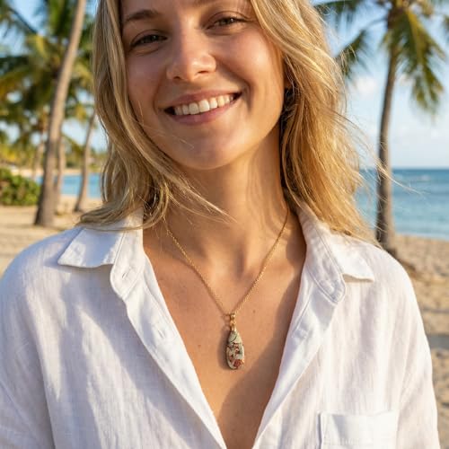 Joya Love 14K Gold Plated Healing Stone Teardrop Pendant Necklace for Women, Waterproof Stainless Steel Chain, Colorful Natural Stone Look, Boho Spiritual Jewelry Gift - color: khaki-Gold