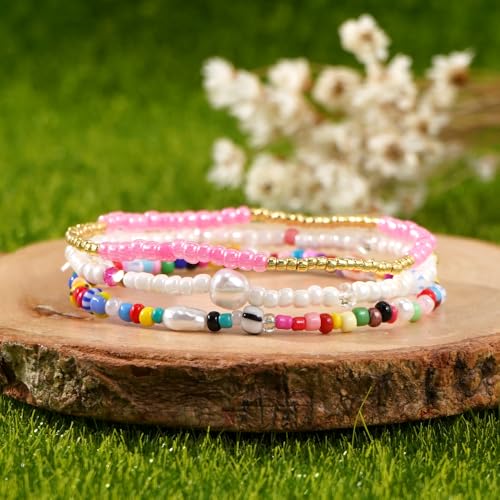 Dainty Gold Plated Tiny Ball Colorful Beaded Stack Bracelets Sets for Women,3Pcs Stackable Cute Bracelet Stretch Trendy Ball Jewelry Friendship Gift - color: pearl