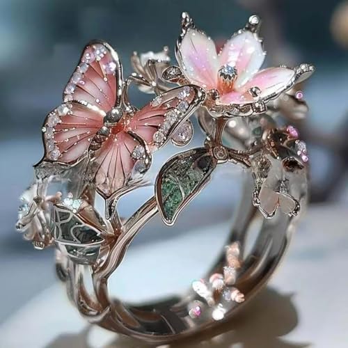 Butterfly Flower Ring for Women Enamel Flower Butterfly Finger Ring with Adjustable Opening Pink Ring Sparkling Fashion Flower Ring Christmas Birthday Party Prom Clothing Jewelry - color: Silver
