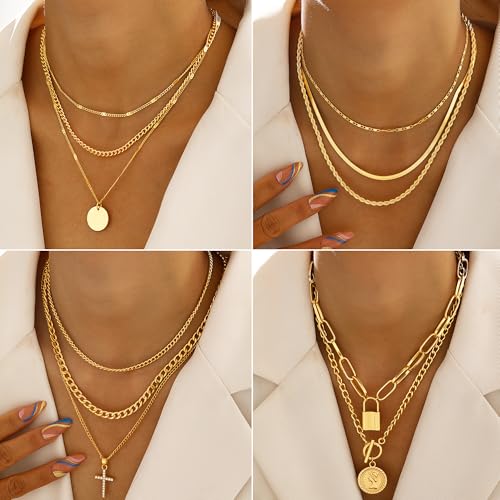 FAXHION 68 Pcs Gold Jewelry Set for Women with 7 Necklace, 17 Bracelet, 5 Hoop Earrings, 15 Stud Earrings, 24 Knuckle Rings for Women Jewelry Set for Women Gift - color: gold jewelry
