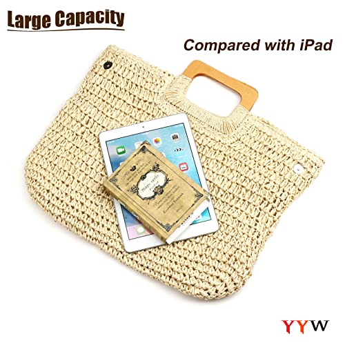 YYW Straw Tote Bag Women Hand Woven Large Casual Handbags Hobo Straw Beach Bag with Lining Pockets for Daily Use Beach Travel - color: Beige