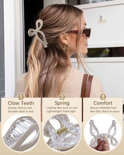 Mesovor 4 Pack Elegant Bow Hair Claw Clips, Nonslip 4.3" Large Hair Grip Hairclips for Thin and Thick | Acrylic Hair Strong Hold Hair Jaw Clamps (Neutral) - color: Neutral