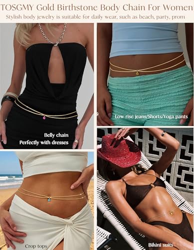 Birthstone Waist Chain for Women 14K Gold Plated Body Chain Adjustable Layered Belly Belt Chains Sparkle Beach Waist Beads Summer Bikini Waterproof Jewelry Accessories for Women Sexy - color: 04. April(Diamond)