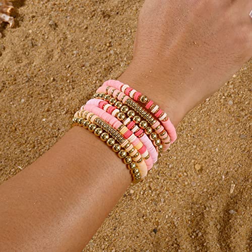 Elegance 11 designs Heishi Beaded Bracelets For Women Polymer Clay Colorful Surfer Stackable Beads Boho Bracelet Summer Beach Jewelry - color: Pink