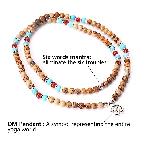 108 Mala Beads Necklace 7 Chakra Buddhist Prayer Beaded Bracelet Tree of Life Pendant Stone Yoga Necklace - color: Picture Jasper