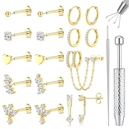 LOLIAS 16G/18G/20G Flat Back Earrings for Women Threadless Surgical Steel Stud Hoop Earrings Push in Nose Studs Hypoallergenic CZ Cartilage Earring Set Labret Helix Tragus Conch Piercing Jewelry - color: 14K Gold, size: 20G(0.8MM)-Leaf&Wings