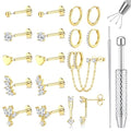 LOLIAS 16G/18G/20G Flat Back Earrings for Women Threadless Surgical Steel Stud Hoop Earrings Push in Nose Studs Hypoallergenic CZ Cartilage Earring Set Labret Helix Tragus Conch Piercing Jewelry - color: 14K Gold, size: 20G(0.8MM)-Leaf&Wings