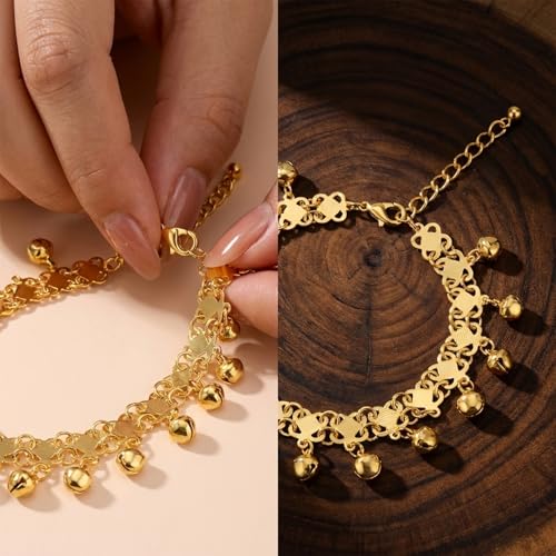 Boho Jingling Bell Anklet for Women Vintage Gold Bell Bracelets Adjustable Layered Indian Jingle Gypsy Vintage Ankle Barefoot Sandals Feet Foot Chain Bohemia Indian Anklets for Women