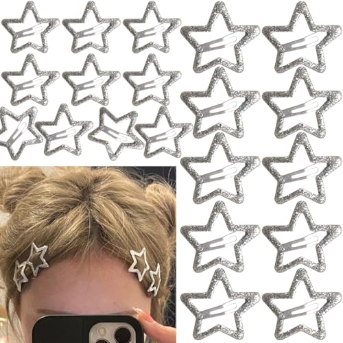 20 PCS Sparkling 1.22" and 1.65"Star Hair Clips Snap Hair Accessories Non Slip Clips for Girls Women Y2K Accessories Silver Metal Hair Clip Hair Barrettes - color: Glitter Silver 1.22" 1.65"（20PCS)