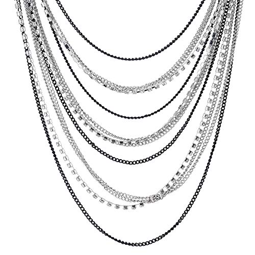 Waterfall Multi-Strand Chains Statement Collar Necklace with Rhinestones Chains, Dress - color: A-Metal Color: Silver & Black