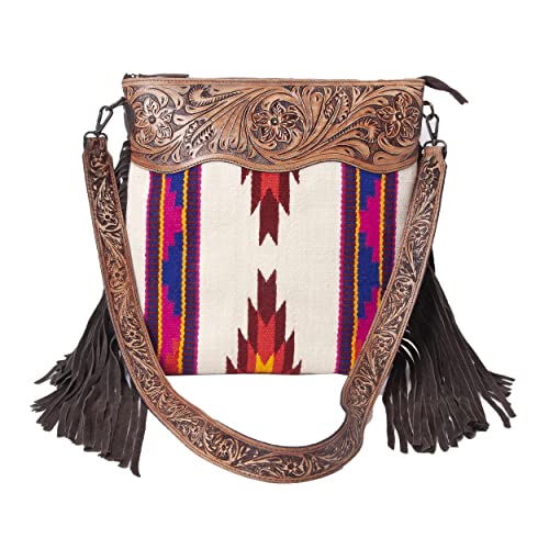 Merbaa Women Handtooled woolen saddle blanket hand woven Crossbody Bag - color: White