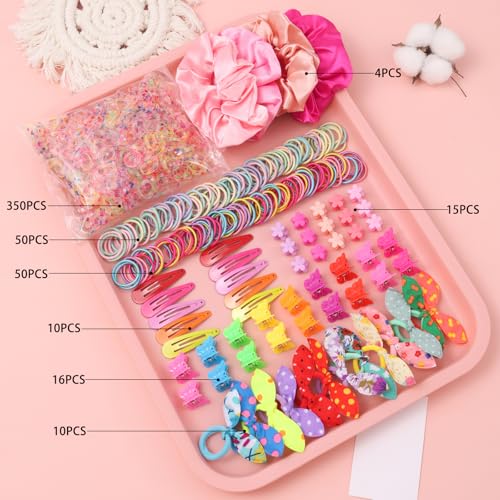Rosvia Hair Accessories Set for Girls,Toddler Colorful Elastic Hair Ties with Gift Box 505PCS, Cute Rabbit Ear Hair Ties, Mini Flower Claw Clips and Butterfly Hair Clips,Satin Silk Scrunchies - color: Multicolor-1