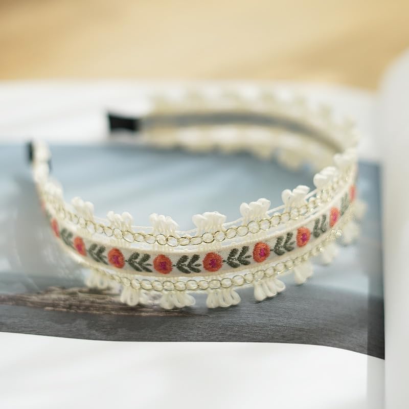 Bohemian Headband for Women-Floral Embroidered Headwrap with Lace Trim Vintage Cute Hair Band for Daily Boho Chic Style (8-Beige, One Size) - color: 8-Beige