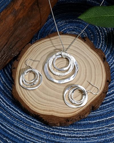 Hypoallergenic Silver Circle & Dangle Earrings and Necklace Set for Women Geometric Boho Style Hoop Jewelry for Women-Lightweight & Dangling-Gift for Bohemian Fashionistas - color: Silver