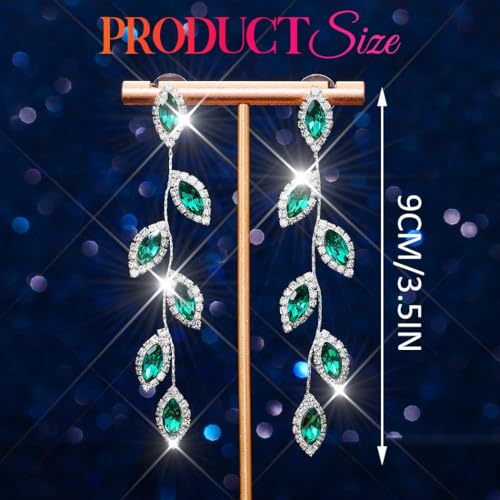Catery Crystal Wedding Earrings Rhinestones Dangling Earrings Leaf Bridal Ear Jewelry for Brides and Women - color: Green