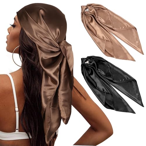 Head Scarf for Women Hair - 2 Pack 35" Square Satin Scarf, Silk Hair Scarf for Women Head Wrap for Sleeping - color: Black & Light Curry