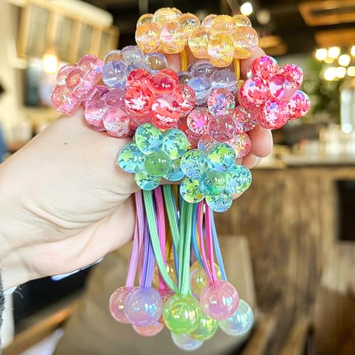 12PCS Ball Charm Hair Ties for Little Girls, Colored Camellia Bead Rubber Band Bubble Hair Ties with Balls No Damage Ponytail Holders for Toddler Girls (Pink, Purple, Blue, Rose Red, Green,Yellow) - color: Pink, Purple, Blue, Rose Red, Green ,Yellow