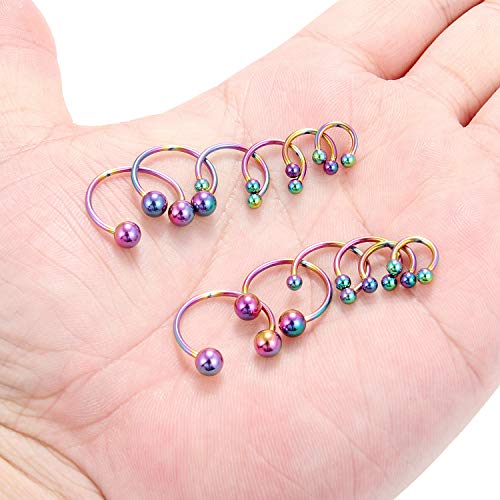 Ruifan 16G Surgical Steel CBR Nose Septum Horseshoe Earring Eyebrow Tongue Lip Nipple Helix Tragus Piercing Ring 6-16mm - color: 6PRS - Rainbow