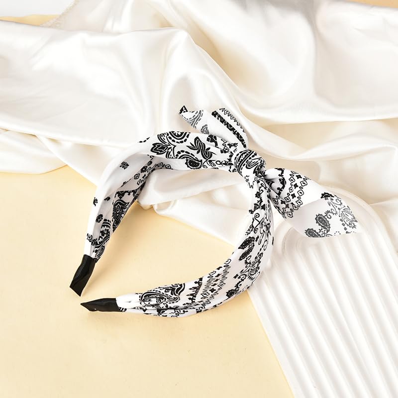 Boho Knotted Bow Hairbands with Paisley Print - Rabbit Ear and Bowknot Designs for Women and Girls, Hair Accessories - color: white