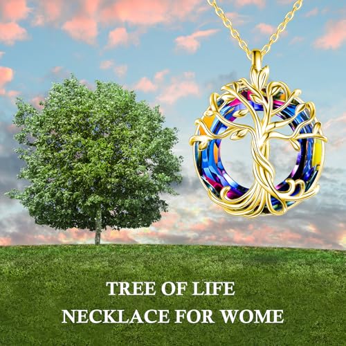 TOUPOP Tree of Life Necklace Gifts for Women 925 Sterling Silver Family Tree Pendant with Crystal Birthday Irish Jewelry Gifts for Women Her Wife Mom - color: 03-Gold-Volcano Crystal