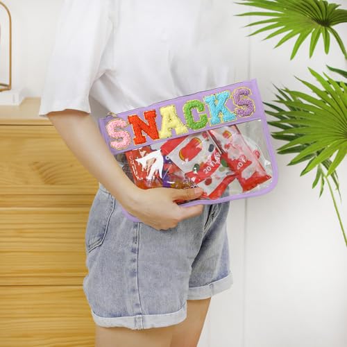 DYSHAYEN Chenille Letter Clear Zipper Pouch for Travel,Nylon Clear Cosmetic Bag,Makeup Travel Bag for Women Girls 11.8 Inches x 8.2 Inches - color: Purple-Snacks