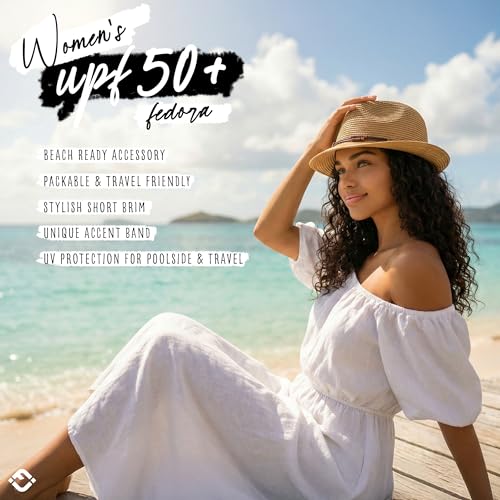 Funky Junque Straw Fedora Hats for Women - UPF 50+ Sun Hat, Short Brim Packable Beach Hat with Woven Pattern - color: Natural Multi W/ Beaded Ropes