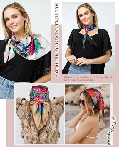 AWAYTR 27.5” Silk Satin Square Head Scarf - 4PCS Satin Head Scarves for Women Hair Kerchief Bandanas Sleeping Head Wraps - color: Flower