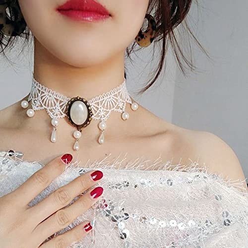 Boho Black Crystal Lace Choker Necklace Tassel Black Teardrop Necklace Choker Gothic Droplet Rhinestone Collar Necklace Retro Vintage Necklace Chain Jewelry for Women and Girls(Black A) - color: White B