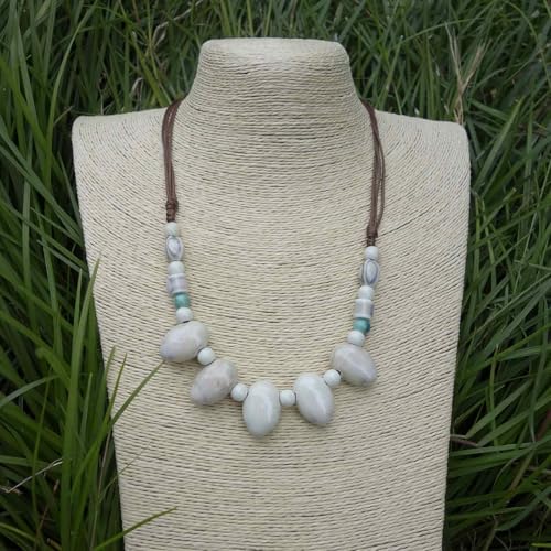 Boho Round Colorful Ceramic Beaded Necklace, Adjustable Hippie Statement Necklace, Handmade Ethnic Jewelry Gift for Women - color: White