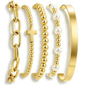 Gold Beaded Bracelets for Women, 14K Real Gold Plated Jewelry for Women Dainty Pearl Bead Bracelets Stack, Non Tarnish Trendy Stackable Ball Cross Stretch Bracelet Set Fashion Accessories Gifts - color: Gold cross bead chain bangle