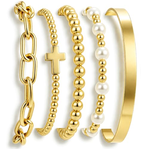 Gold Beaded Bracelets for Women, 14K Real Gold Plated Jewelry for Women Dainty Pearl Bead Bracelets Stack, Non Tarnish Trendy Stackable Ball Cross Stretch Bracelet Set Fashion Accessories Gifts - color: Gold cross bead chain bangle
