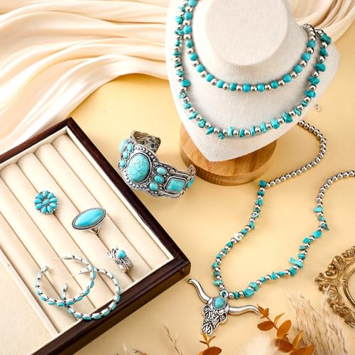 Ecally Bohemian Western Jewelry Turquoise Set Women Country Pendant Long Choker Layered Bracelets Earrings Ring for Women - color: Turquoise, style: Graceful