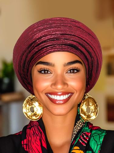 Woeoe African Head Wraps for Black Women Gold Pre Tied Headdress Wedding Turban Hats - color: Burgundy